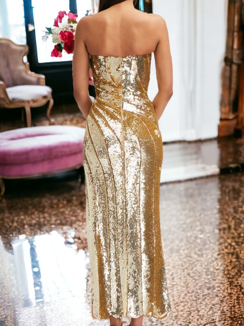 Strapless Slit Dress Gold Sequin