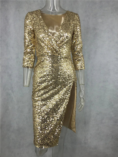 Short Gold Sequin Dress V Neck