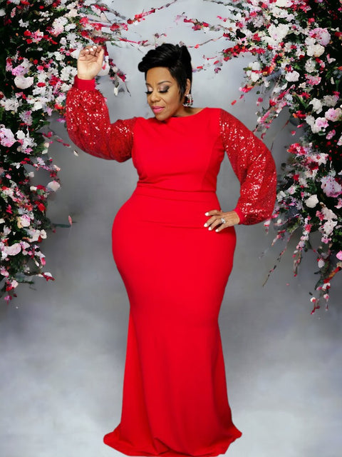 Plus Size Red Sequin Dress Long Sleeve