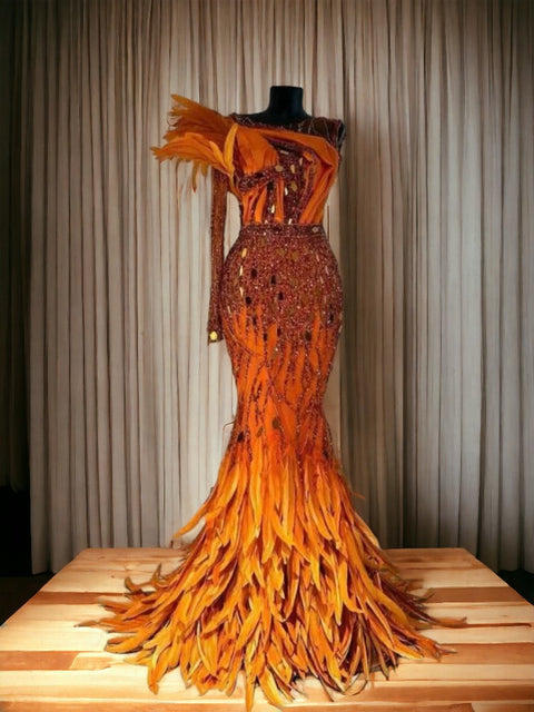 Orange Sequin Dress Prom With Feathers