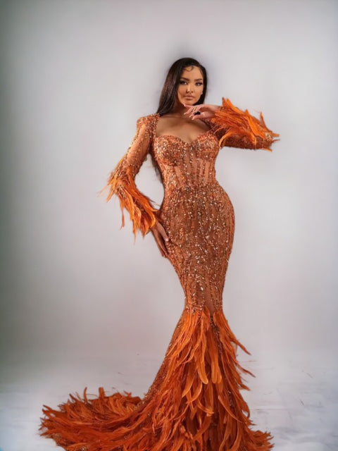 Orange Sequin Dress With Feathers