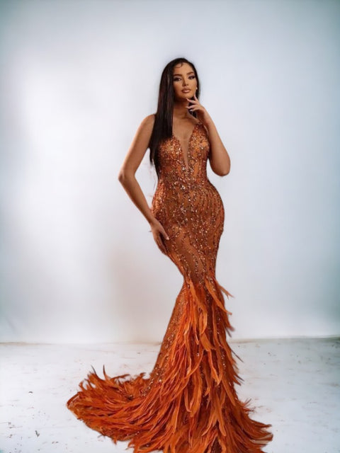 Orange Sequin Dress With Feathers