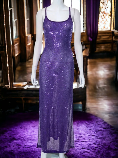 Purple Sequin Halter Dress With Straps