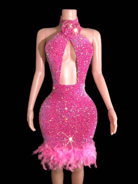 Pink Sequin Dress Short Feather