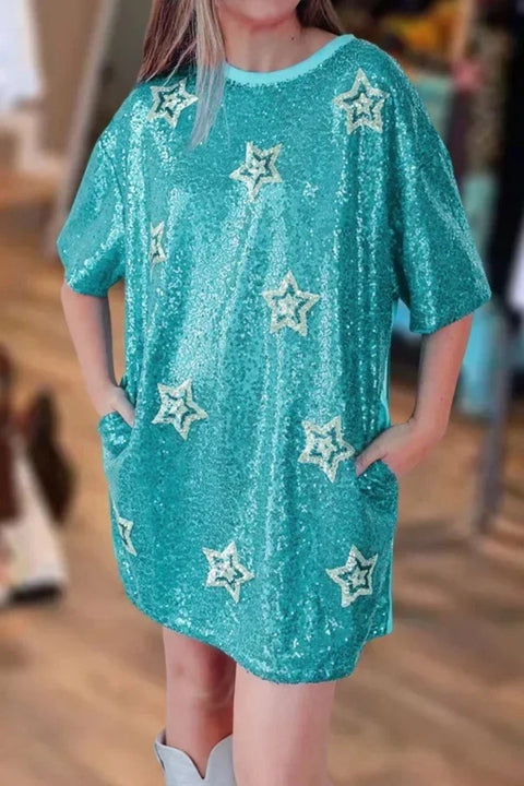 Blue Sequin Shirt Dress Stars