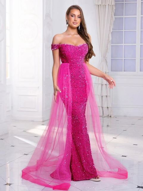Pink Sequin Dress Off Shoulder 