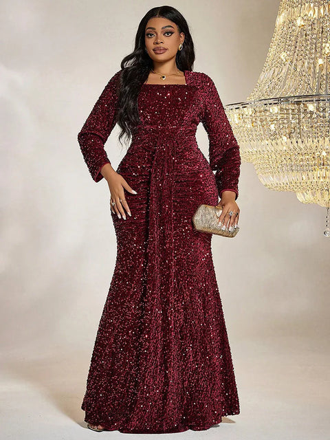 Burgundy Plus Size Sequin Dress Long Sleeve