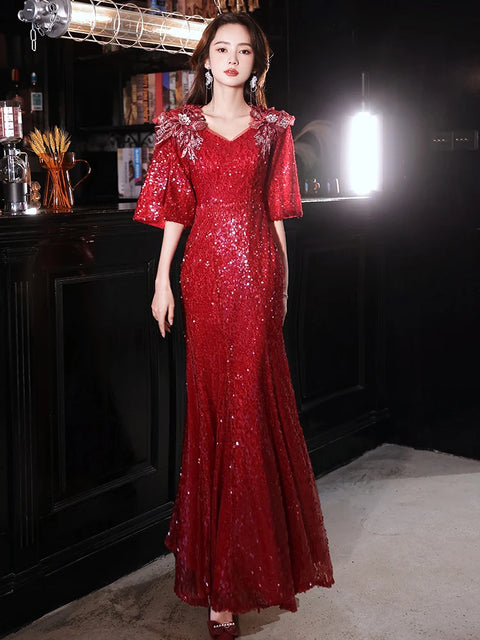Wine Red Sequin Prom Dress