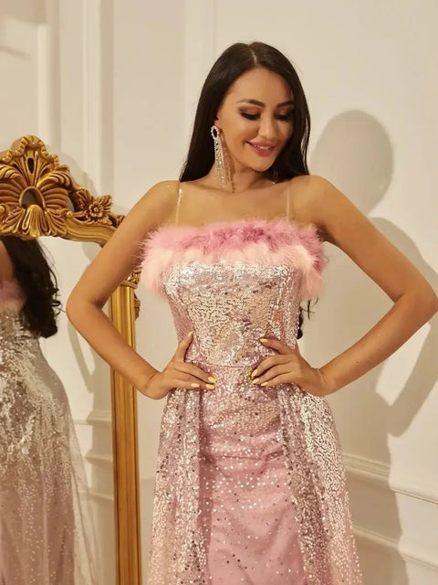 Pink Sequin Feather Dress