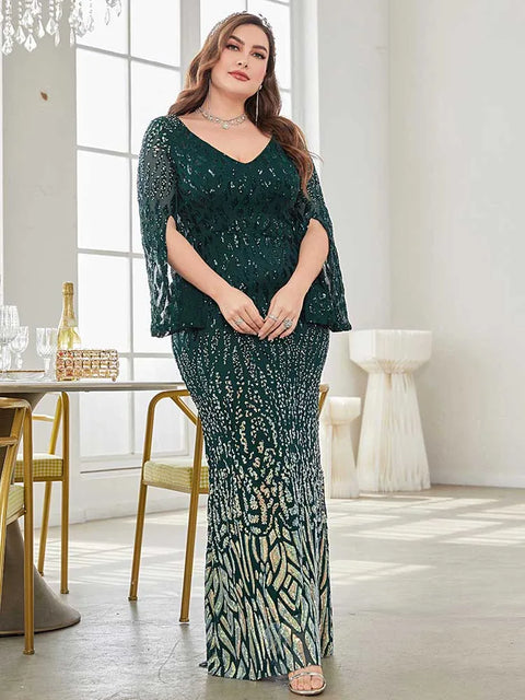 Plus Size Green Sequin Dress Flared Sleeves