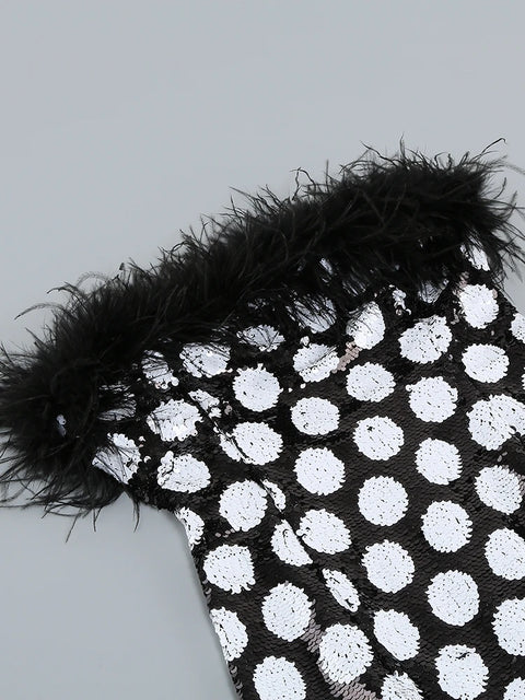 Black White Polka Dot Sequin Short Dress With Feathers