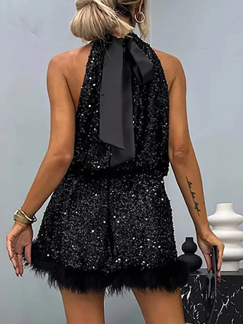 Black Sequin Crew Neck Dress Feather at Bottom