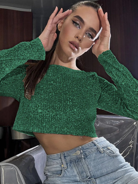 Green Sequin 2 Piece Set Crop Top Pant