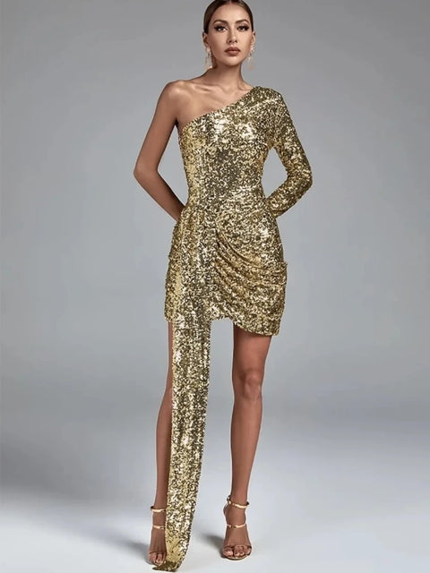 One Shoulder Gold Sequin Dress