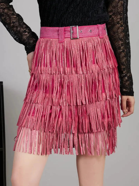 Pink Fringed Mini Skirt Rhinestones