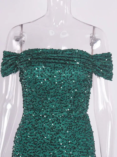 Emerald Green Glitter Dress Off Shoulder