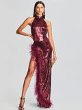 Long Sleeve Wine Red Sequin Backless Dress Feather