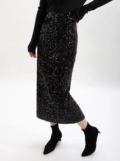 High Waisted Sequin Skirt With Back Slit black