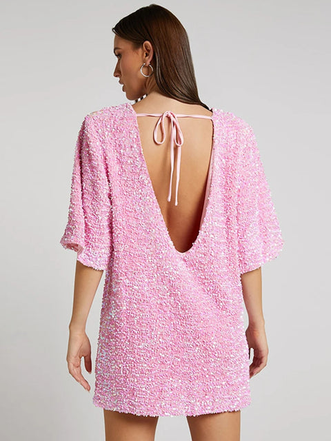 Sequin Halter Shirt Dress pink