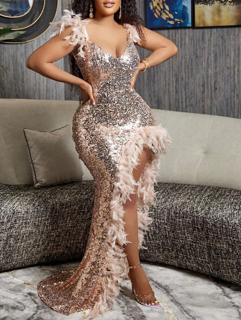 Champagne Strapless Sequin Feather Dress