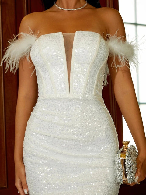 White Feather Mini Dress With Sequins