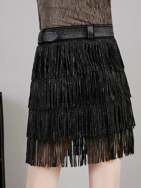 Black Fringe  Mini Skirt Rhinestones
