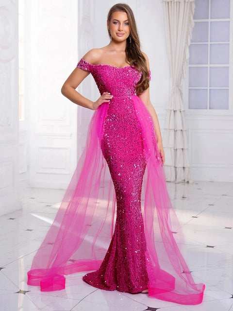 Long Pink Sequin Dress Off Shoulder With Train