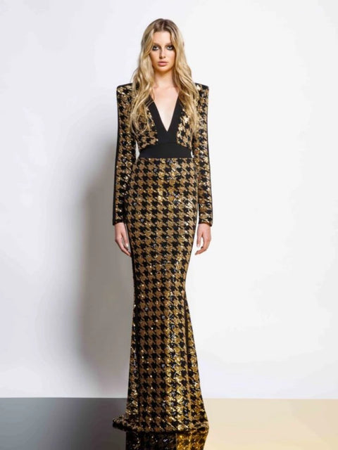 Black Dress With Gold Sequin V Neck