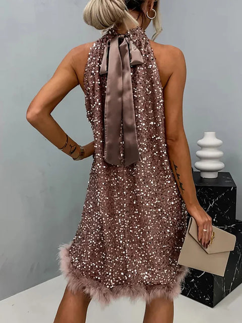 brown Sequin Crew Neck Dress Feather at Bottom