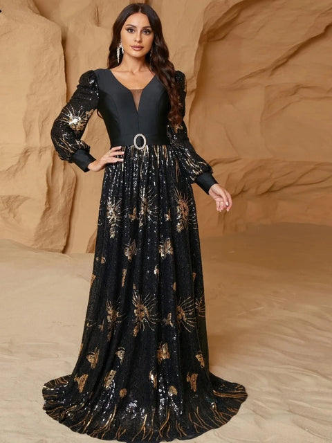 Long Sleeve Black Dress With Gold Sequin