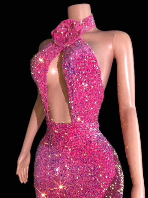 Pink Sequin Dress Short Feather