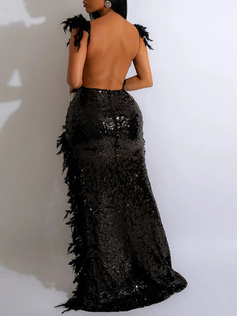 Black Strapless Sequin Feather Dress