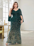 Plus Size Green Sequin Dress Flared Sleeves