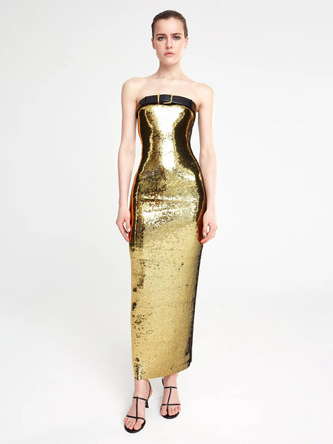 Strapless Gold Sequin Dress With Belt