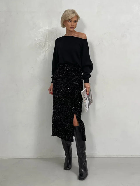 Sequin Skirt High Waisted Split black