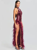 Long Sleeve Wine Red Sequin Backless Dress Feather