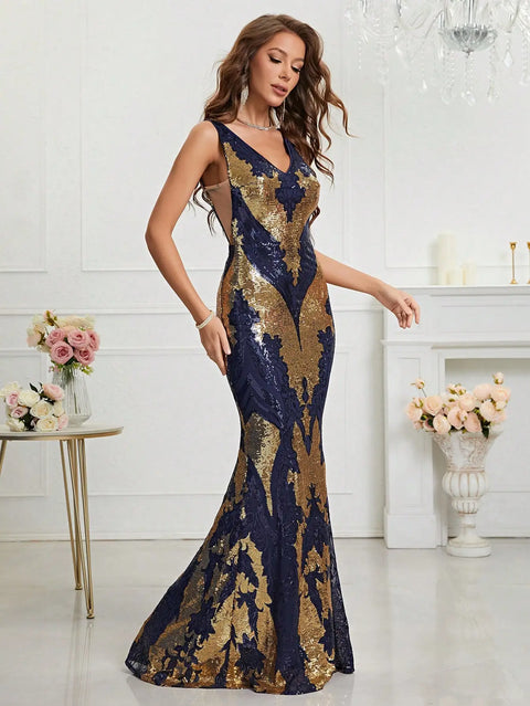 Gold Blue Sequin Dress V Neck