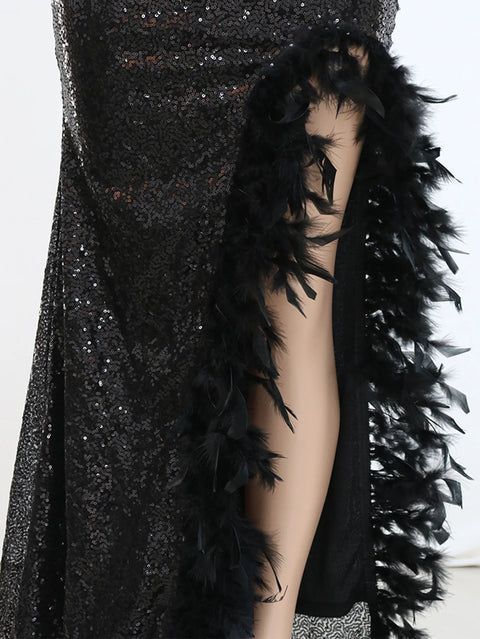 Black Strapless Sequin Feather Dress