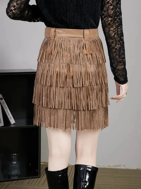 Brown Fringed Mini Skirt Rhinestones