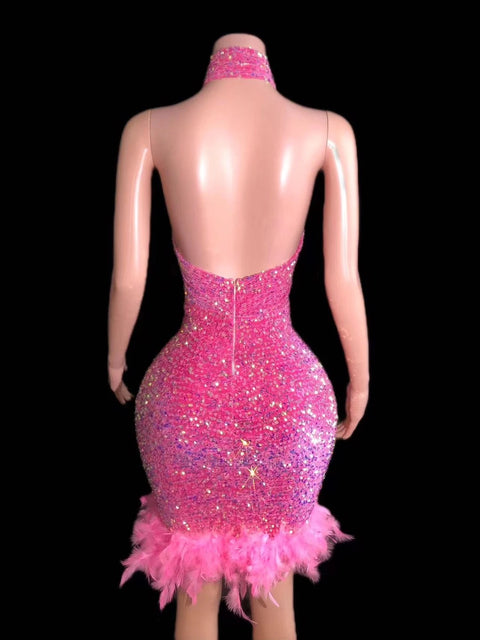 Pink Sequin Dress Feather