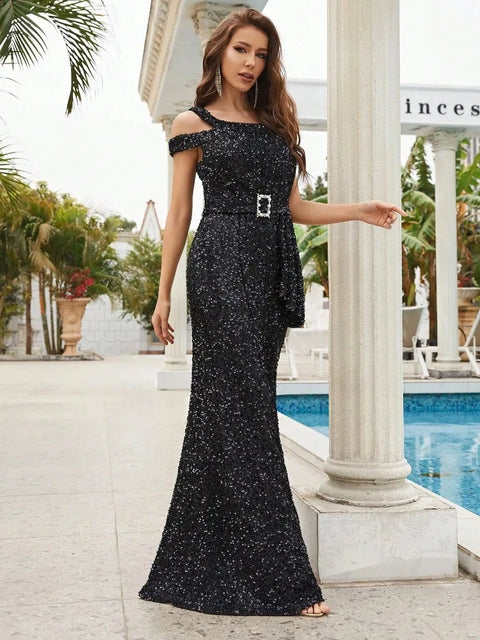 Long Black Sequin Dress With Belt