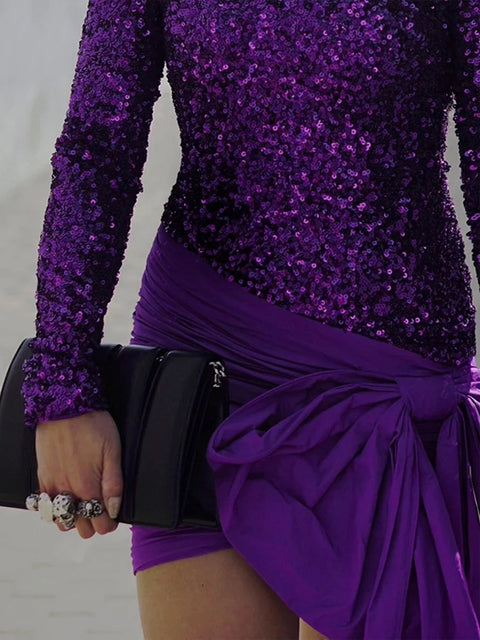 Purple Sequin Dress With Bow