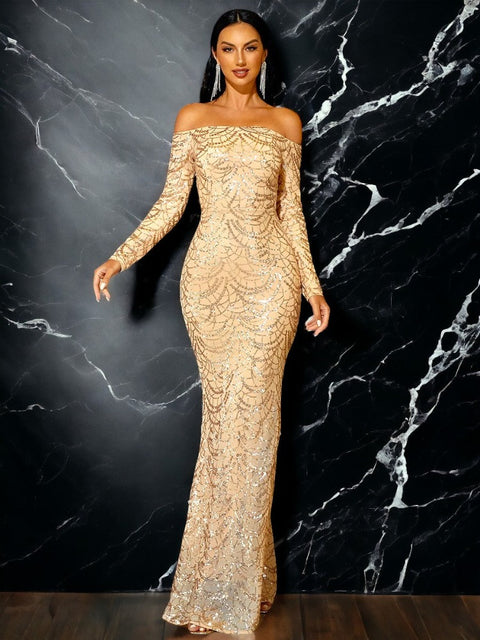 Gold Sequin Dress Off Shoulder Long Sleeve