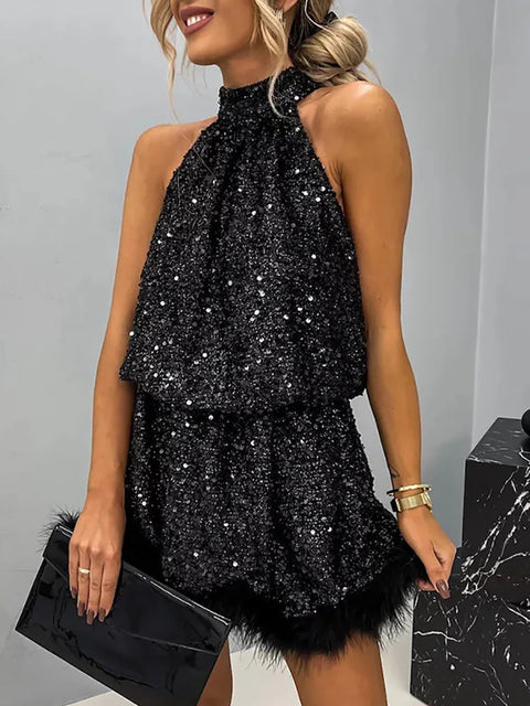 Black Sequin Crew Neck Dress Feather at Bottom