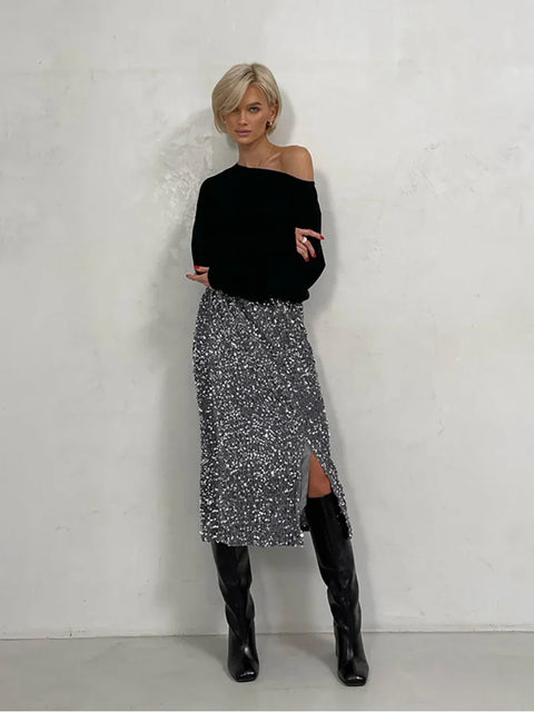 Sequin Skirt High Waisted Split grey 