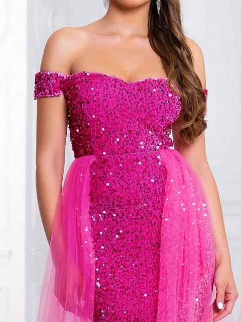 Long Pink Sequin Dress Off Shoulder With Train