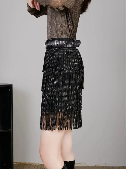 Black Fringed Mini Skirt Rhinestones