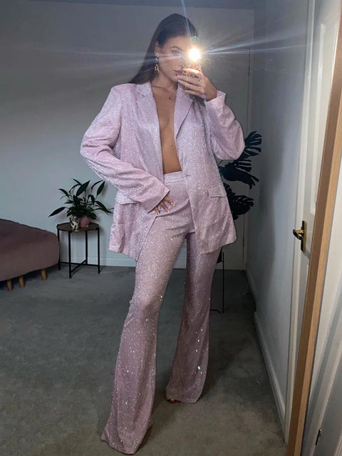 Pink Set Sequin Blazer Pants And Bra