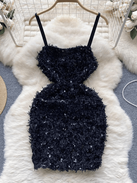 Black Sequin Feather Dress
