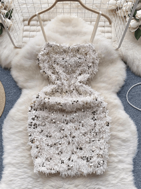 Beige Sequin Feather Dress